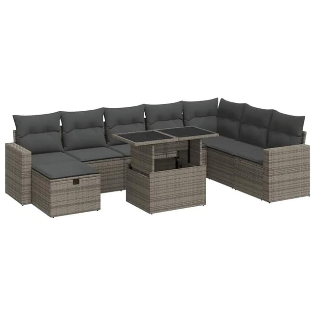 vidaXL 9-Tlg Garten-Sofagarnitur mit Kissen Grau Poly Rattan 3327840