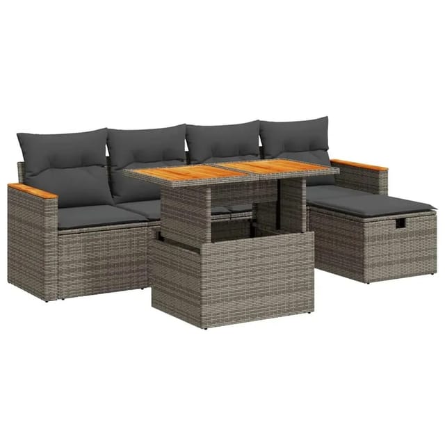 vidaXL 6-Tlg Garten-Sofagarnitur mit Kissen Grau Poly Rattan 3328110