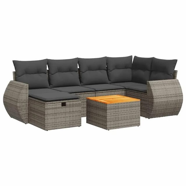vidaXL 7-Tlg Garten-Sofagarnitur mit Kissen Grau Poly Rattan 3325847