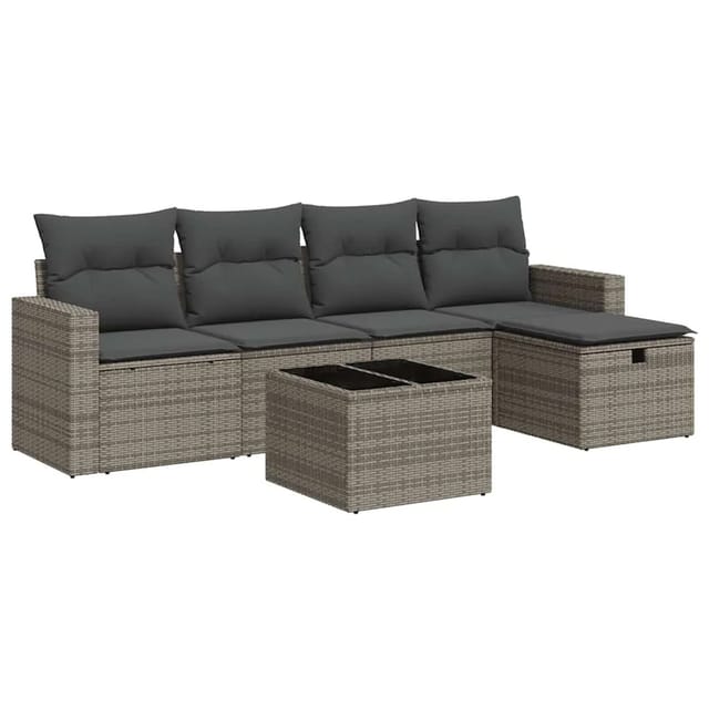 vidaXL 6-Tlg Garten-Sofagarnitur mit Kissen Grau Poly Rattan 3325376