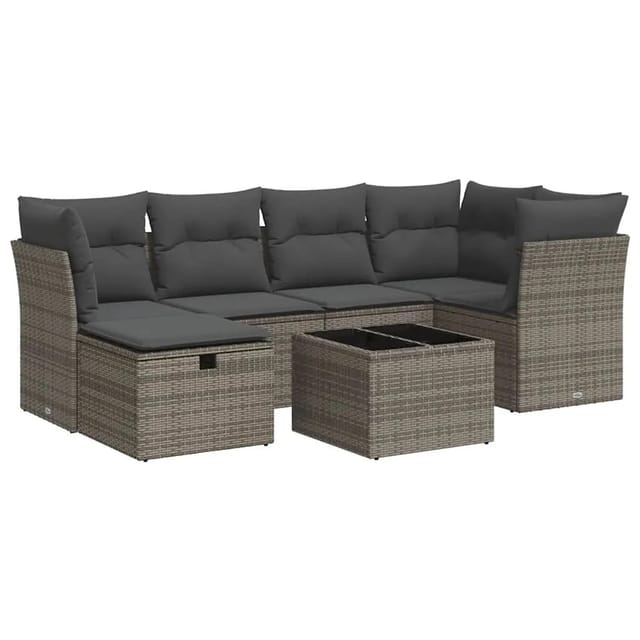 vidaXL 7-Tlg Garten-Sofagarnitur mit Kissen Grau Poly Rattan 3325296
