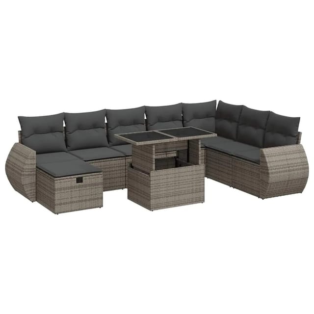 vidaXL 9-Tlg Garten-Sofagarnitur mit Kissen Grau Poly Rattan 3327920