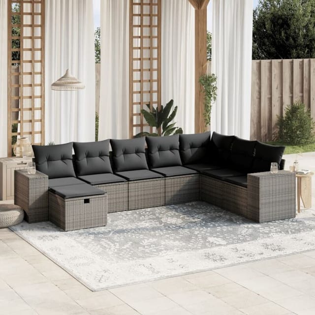 vidaXL 8-Tlg Garten-Sofagarnitur mit Kissen Grau Poly Rattan 3264516
