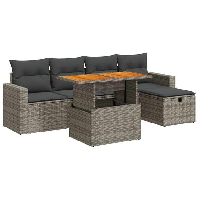 vidaXL 6-Tlg Garten-Sofagarnitur mit Kissen Grau Poly Rattan Akazie 3327998