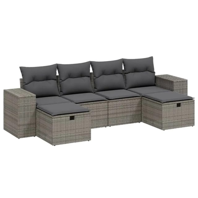 vidaXL 6-Tlg Garten-Sofagarnitur mit Kissen Grau Poly Rattan 3264476