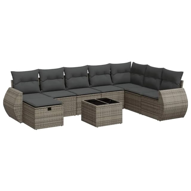 vidaXL 9-Tlg Garten-Sofagarnitur mit Kissen Grau Poly Rattan 3325646