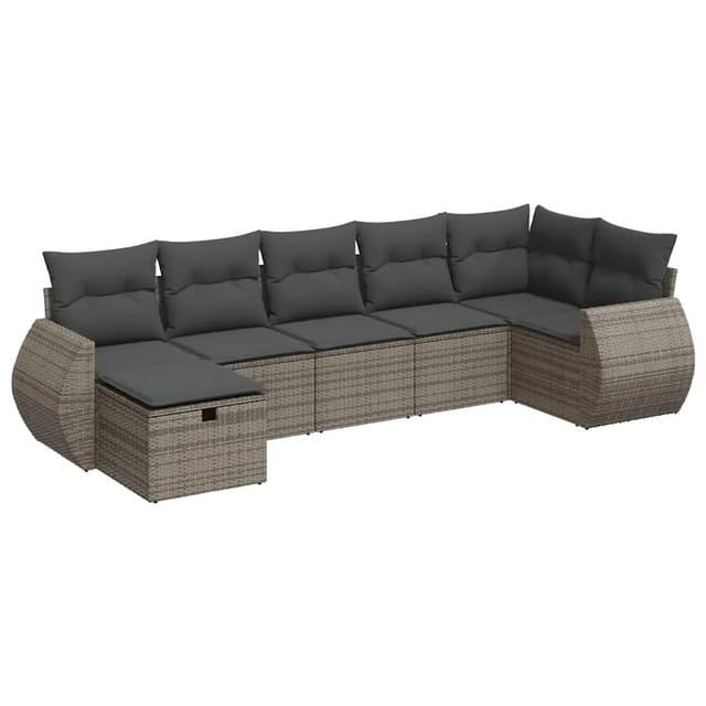 vidaXL 7-Tlg Garten-Sofagarnitur mit Kissen Grau Poly Rattan 3325606