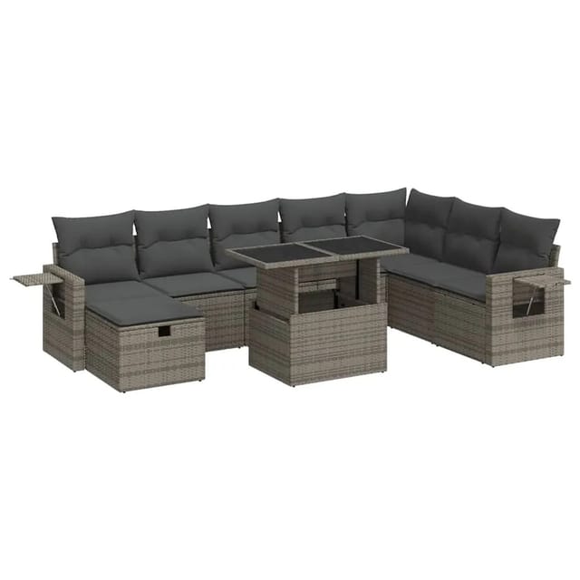 vidaXL 9-Tlg Garten-Sofagarnitur mit Kissen Grau Poly Rattan 3327880