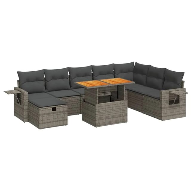 vidaXL 9-Tlg Garten-Sofagarnitur mit Kissen Grau Poly Rattan Akazie 3328047