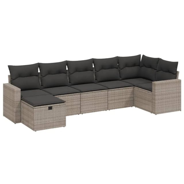 vidaXL 7-Tlg Garten-Sofagarnitur mit Kissen Grau Poly Rattan 3263506