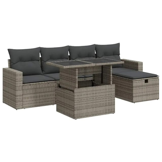 vidaXL 6-Tlg Garten-Sofagarnitur mit Kissen Grau Poly Rattan 3327810