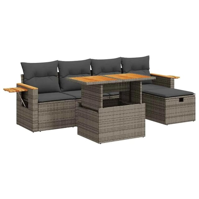 vidaXL 6-Tlg Garten-Sofagarnitur mit Kissen Grau Poly Rattan 3328131
