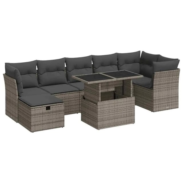 vidaXL 8-Tlg Garten-Sofagarnitur mit Kissen Grau Poly Rattan 3327790
