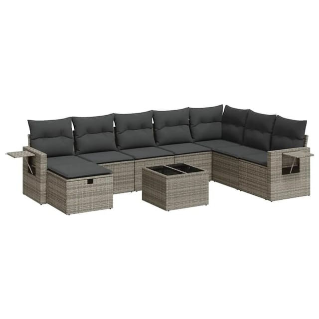 vidaXL 9-Tlg Garten-Sofagarnitur mit Kissen Grau Poly Rattan 3325546