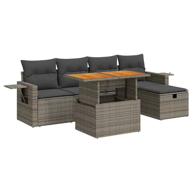 vidaXL 6-Tlg Garten-Sofagarnitur mit Kissen Grau Poly Rattan Akazie 3328026