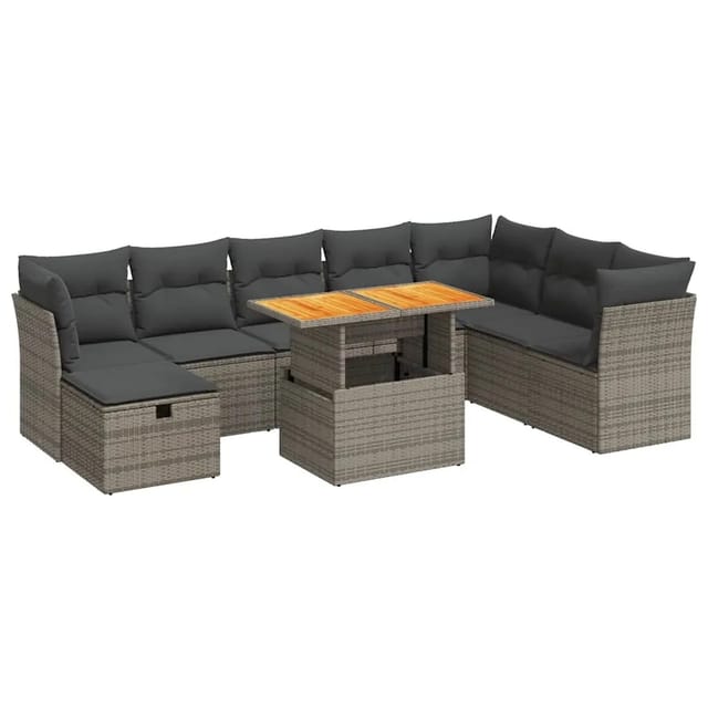 vidaXL 9-Tlg Garten-Sofagarnitur mit Kissen Grau Poly Rattan Akazie 3327991