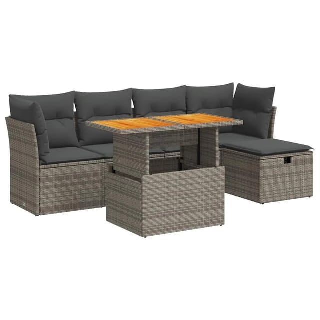 vidaXL 6-Tlg Garten-Sofagarnitur mit Kissen Grau Poly Rattan Akazie 3327970