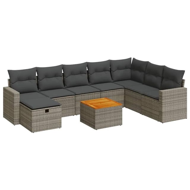vidaXL 9-Tlg Garten-Sofagarnitur mit Kissen Grau Poly Rattan 3325805