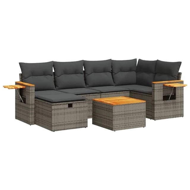 vidaXL 7-Tlg Garten-Sofagarnitur mit Kissen Grau Poly Rattan 3325980