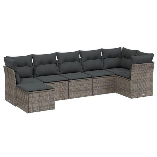 vidaXL 7-Tlg Garten-Sofagarnitur mit Kissen Grau Poly Rattan 3263196