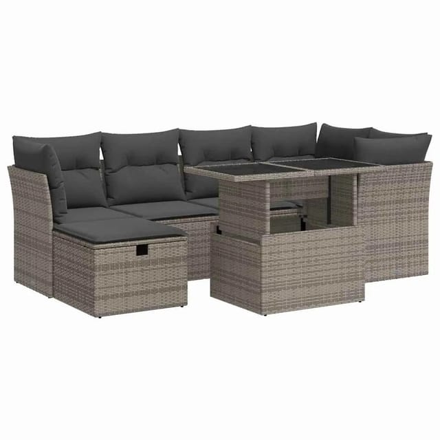 vidaXL 7-Tlg Garten-Sofagarnitur mit Kissen Grau Poly Rattan 3327780