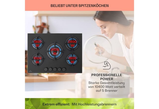 Firetale Gaskochfeld 5-flammig 70 cm Aluminium-Brenner inkl. Schlauch und Druckminderer Schwarz 5 Brenner