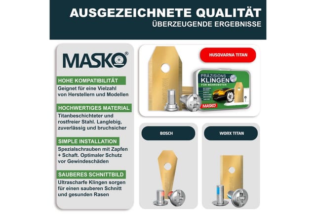 MASKO Mährobotermesser Ersatzmesser für Mähroboter, 18er Set, Titan-beschichtet (18-St), Geeignet für Bosch, Gardena/Husqvarna & Worx