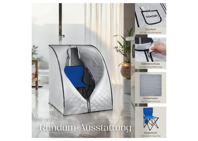 tectake® Mobile Dampfsauna, 2 Liter Dampfgenerator mit 1000 W, Stecksystem, mit Aufbewahrungsfach, inkl. Fernbedienung, Matte, Klappstuhl und Tragetasche