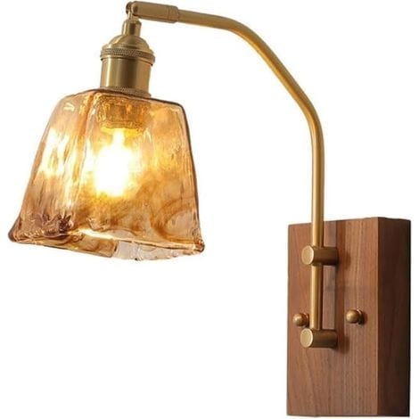 Moderne, Verstellbare Wandleuchte Aus Antikem Messing, Kupfer, Holz Und Bernsteinfarbenem Glas