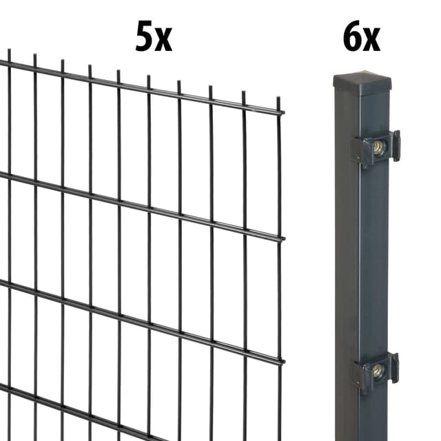 Floraworld Doppelstabmatten-Zaun Set 10 m 201 x 123 cm inkl. 6 Pfosten 170 cm anthrazit