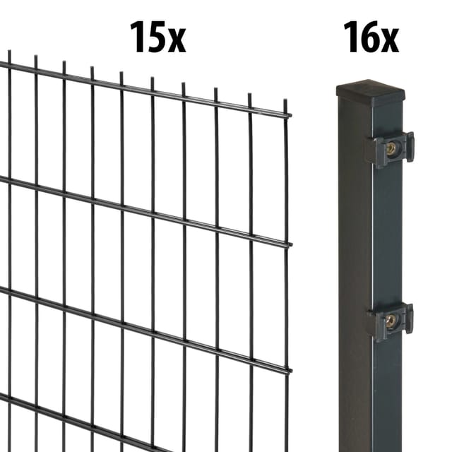 Floraworld Doppelstabmatten-Zaun Set Comfort 30 m 201 x 123 cm inkl. 16 Pfosten 180 cm anthrazit