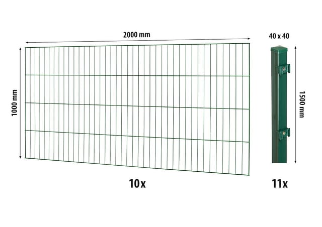Floraworld Einstabmatten-Zaun Set Classic 20 m 200 x 100 cm inkl. 11 Pfosten 150 x 4 cm moosgrün