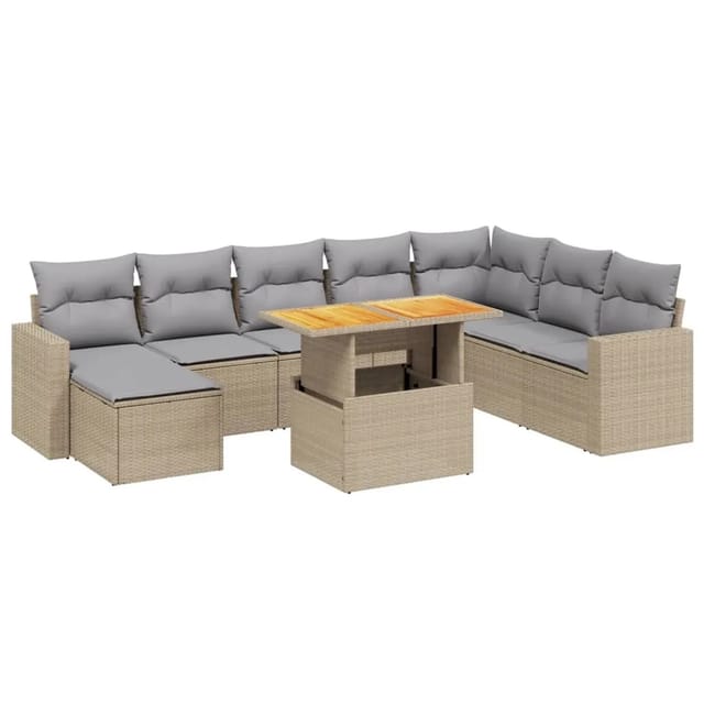 vidaXL 9-tlg Garten-Sofagarnitur mit Kissen Beige Poly Rattan Modell 278