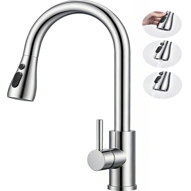 Aica Küchenarmatur Ausziehbar Wasserhahn Küche Zwei Wasserauslassmodi Mischbatterie 360° Drehbar Einhand‑spültischarmatur Versilbert