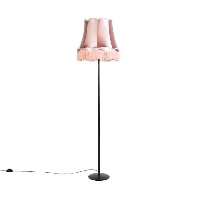QAZQA Retro Stehlampe Schwarz mit Granny Schirm Rosa 45 cm Simplo