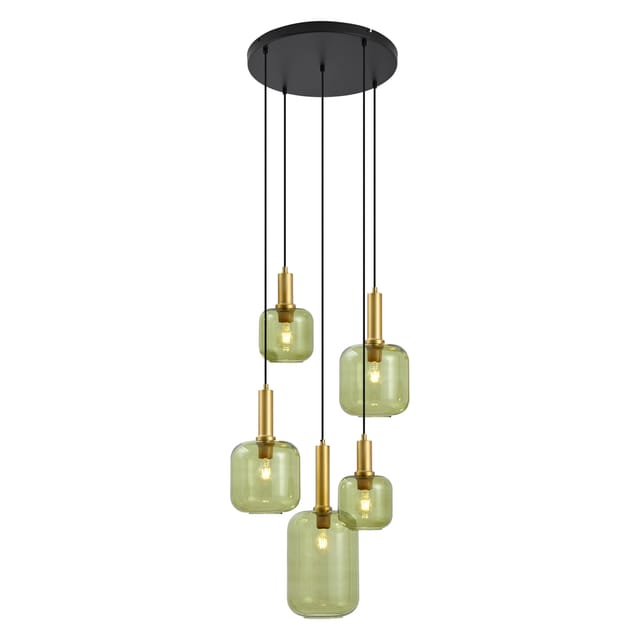 QAZQA Hotel Chic Hängelampe Schwarz und Gold mit Grünem Glas 5 Lichter Zuzanna