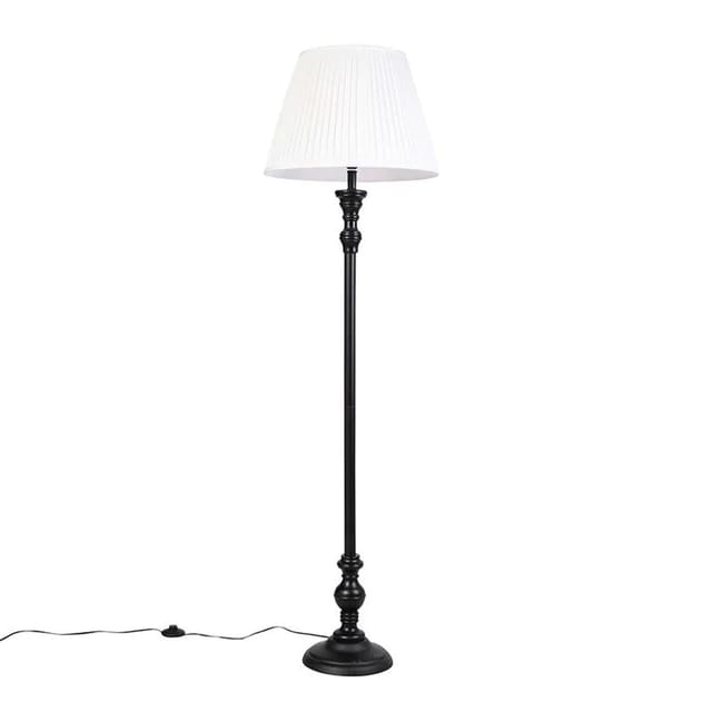 QAZQA Stehleuchte Schwarz mit Plissiertem Schirm Weiß 45 cm Classico