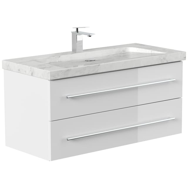 Posseik Badmöbel Marmor Carrara White Yamo 1 Hahnloch 100 cm Weiß Hochglanz