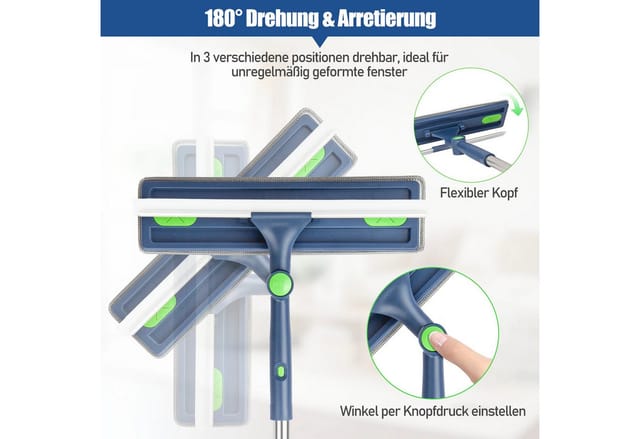 HUGERSTONE Fensterreiniger 2in1 Fensterputzer mit Teleskopstange (10-63inch) und Fensterabzieher, (1 x Fensterreiniger 1 x Fensterabzieher 2 x Reinigungstücher) Profi Fensterreinigungsset mit 2 Wischmopps für Bad, Fenster, Glas