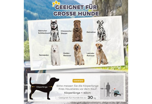 PawHut Fahrradhundeanhänger 2-in-1 Hundebuggy max. 30 kg, Hundewagen mit Reflektoren