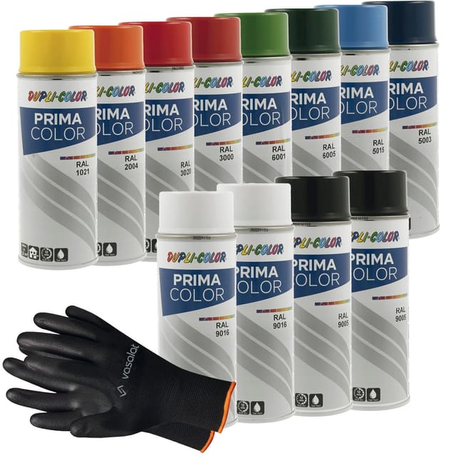 Vasalat Dupli-color Sprühlack Set Prima - 10 Farben - Farbspray Blau/grün/weiß/schwarz/gelb/rot - Lackspray Glänzend, 12 Spraydosen