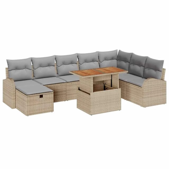 vidaXL Garten-Sofa-Set mit Kissen mit Speicher 9-Tlg Beige Poly Rattan 3359983