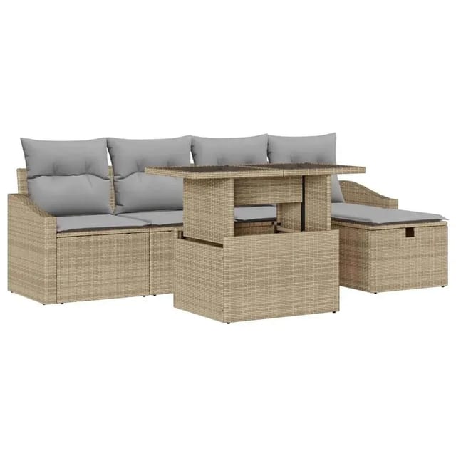 vidaXL Garten-Sofa-Set mit Kissen mit Speicher 6-Tlg Beige Poly Rattan 3359827