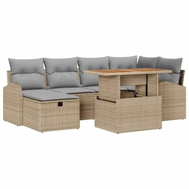 vidaXL Garten-Sofa-Set mit Kissen mit Speicher 7-Tlg Beige Poly Rattan 3359969