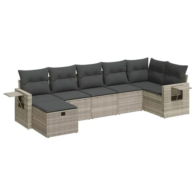 vidaXL 7-Tlg Garten-Sofagarnitur mit Kissen Hellgrau Poly Rattan 3325508