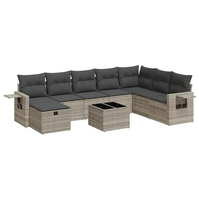 vidaXL 9-Tlg Garten-Sofagarnitur mit Kissen Hellgrau Poly Rattan 3325548