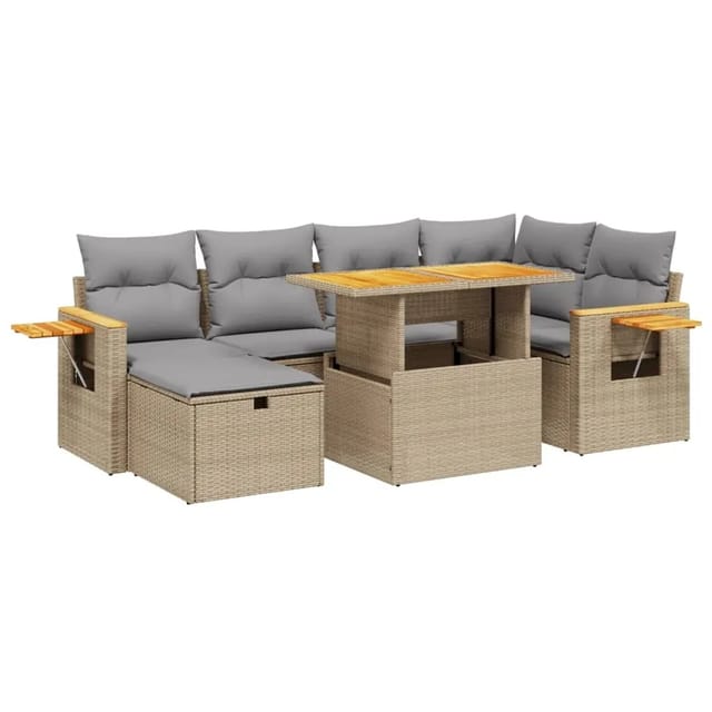 vidaXL 7-Tlg Garten-Sofagarnitur mit Kissen Beige Poly Rattan 3276146