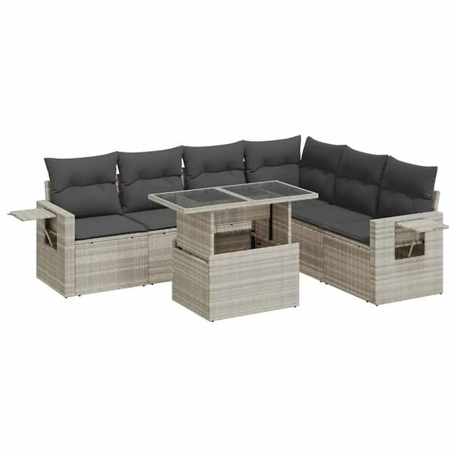 vidaXL 7-Tlg Garten-Sofagarnitur mit Kissen Hellgrau Poly Rattan 3326493