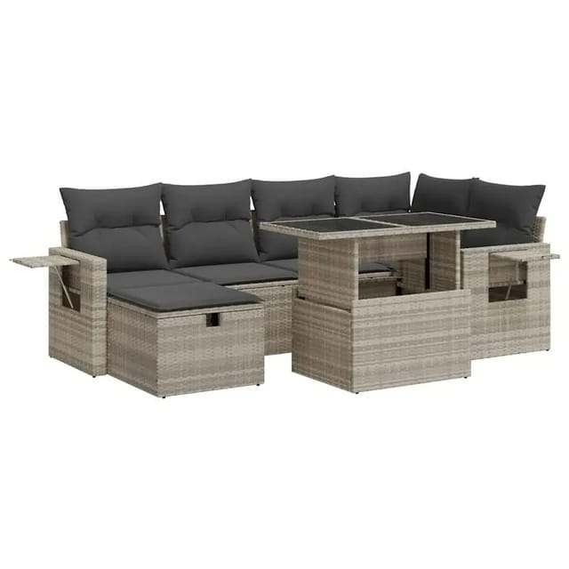 vidaXL 7-Tlg Garten-Sofagarnitur mit Kissen Hellgrau Poly Rattan 3327862