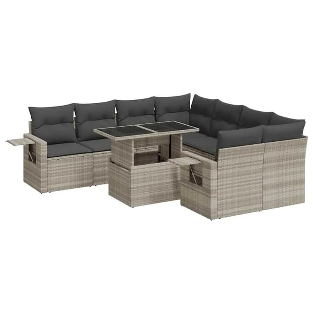 vidaXL 9-Tlg Garten-Sofagarnitur mit Kissen Hellgrau Poly Rattan 3326453